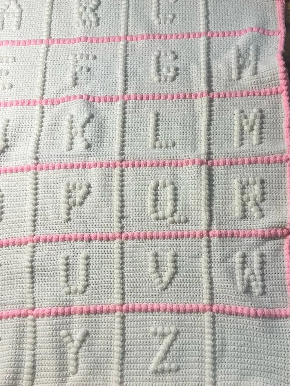 Handmade Alphabet Crochet Baby Blanket in White and Pink